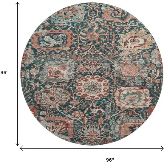 8' X 8' Salmon Teal And Peach Damask Washable Round Rug With UV Protection Photo 9