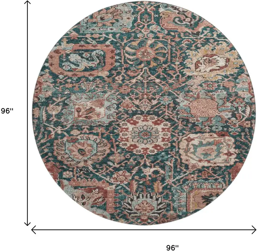8' X 8' Salmon Teal And Peach Damask Washable Round Rug With UV Protection Photo 9