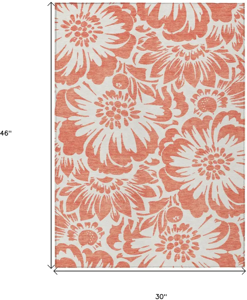 Salmon and Ivory Floral Washable Non Skid Indoor Outdoor Area Rug Photo 3