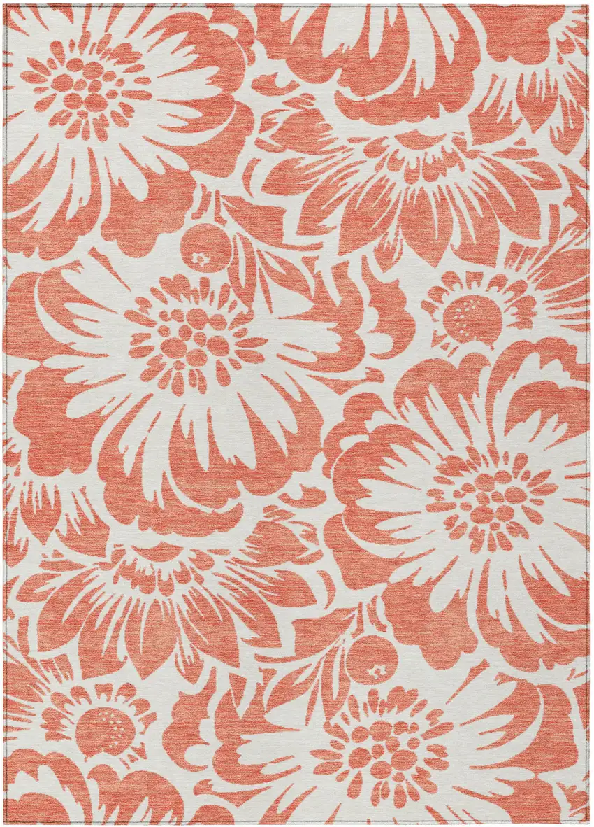 Salmon and Ivory Floral Washable Non Skid Indoor Outdoor Area Rug Photo 2