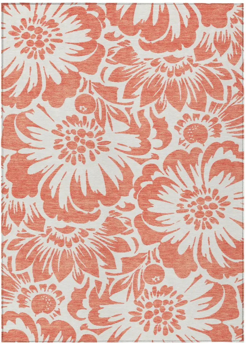 Salmon and Ivory Floral Washable Non Skid Indoor Outdoor Area Rug Photo 2