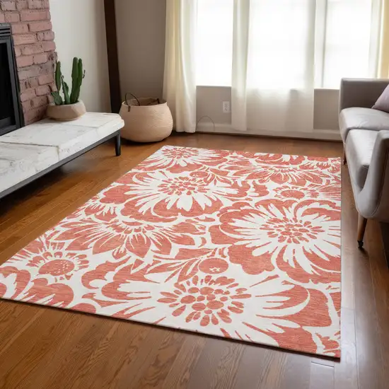 Salmon and Ivory Floral Washable Non Skid Indoor Outdoor Area Rug Photo 9