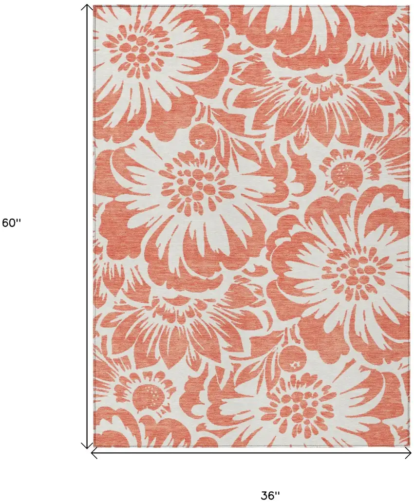 Salmon and Ivory Floral Washable Non Skid Indoor Outdoor Area Rug Photo 3