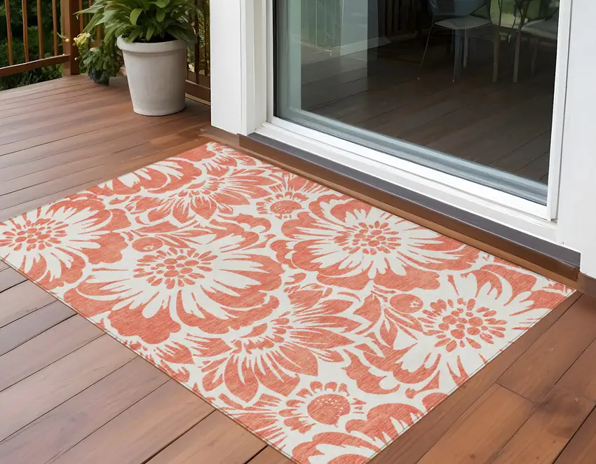 Salmon and Ivory Floral Washable Non Skid Indoor Outdoor Area Rug Photo 1