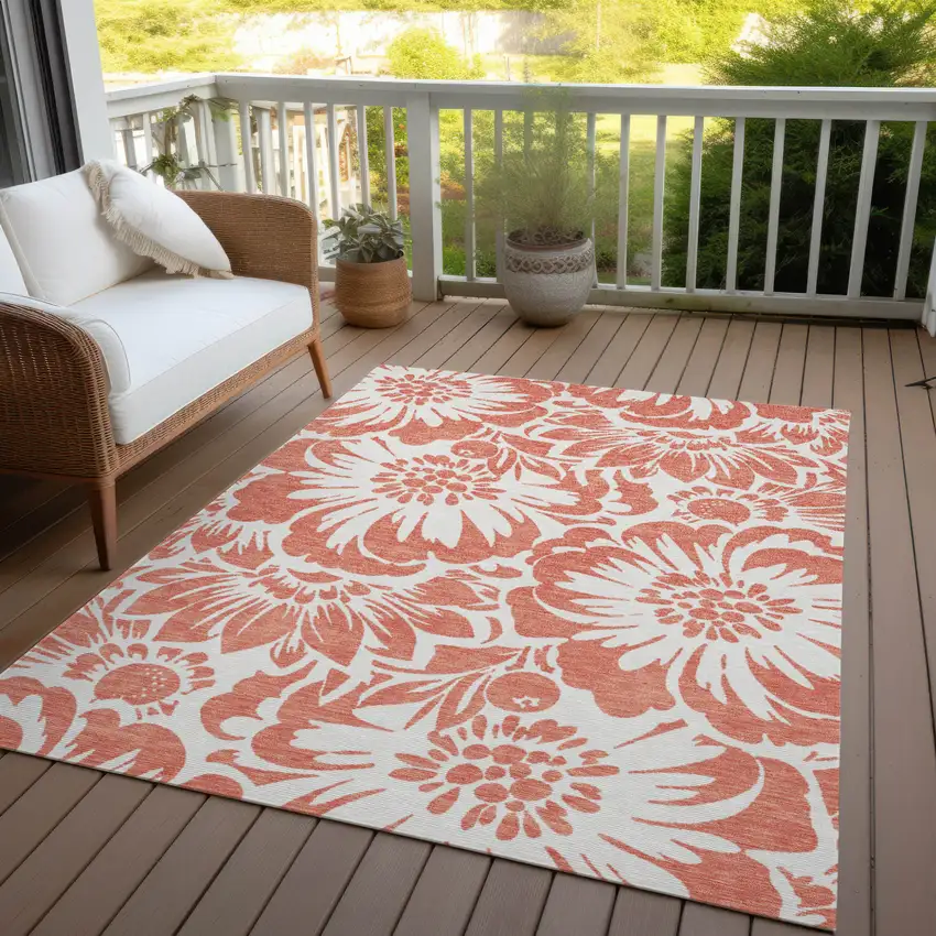 Salmon and Ivory Floral Washable Non Skid Indoor Outdoor Area Rug Photo 8