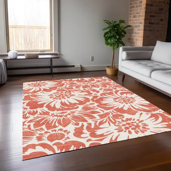 Salmon and Ivory Floral Washable Non Skid Indoor Outdoor Area Rug Photo 9