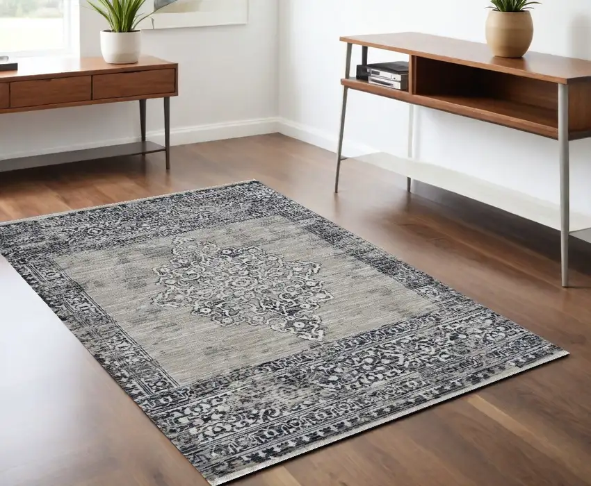 Sand Charcoal Machine Woven Distressed Vintage Traditional Indoor Area Rug Photo 1