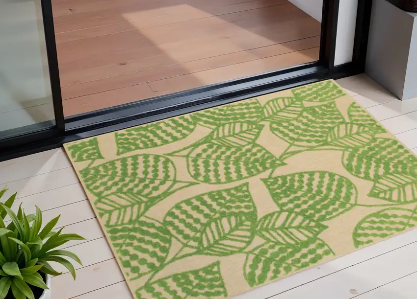 Beige and Black Floral Stain Resistant Indoor Outdoor Area Rug Photo 1