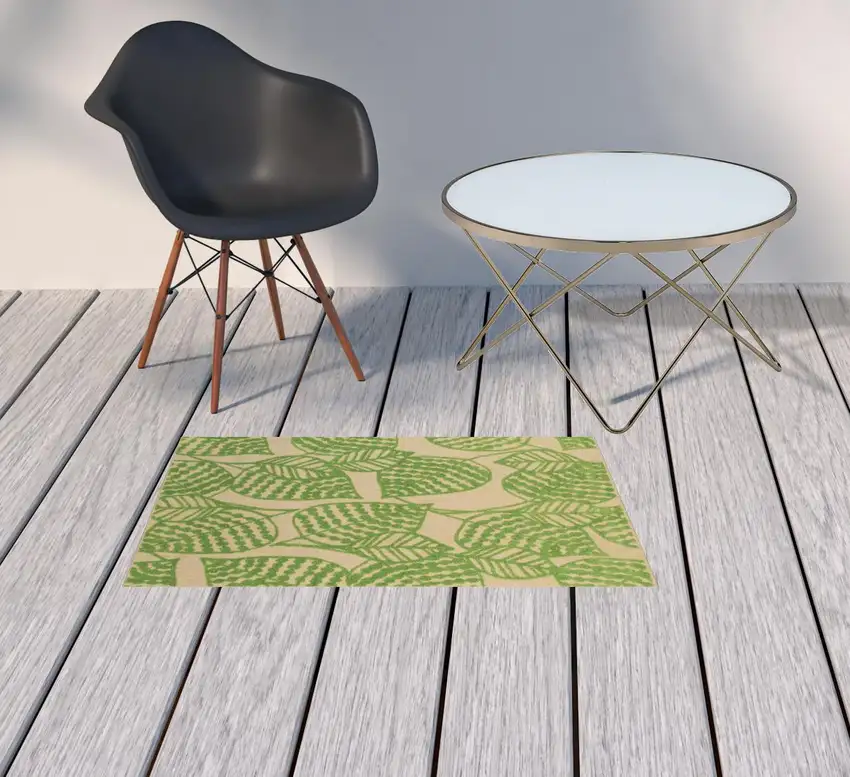 2' X 4' Sand Floral Stain Resistant Indoor Outdoor Area Rug Photo 2