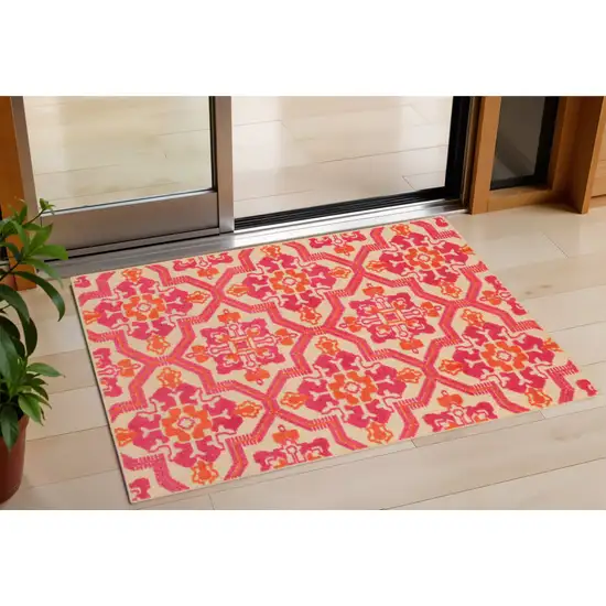 Beige and Black Geometric Stain Resistant Indoor Outdoor Area Rug Photo 1