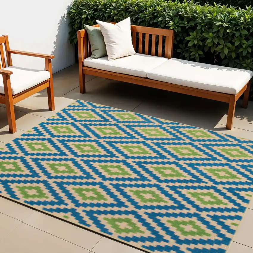 Blue and Beige Geometric Stain Resistant Indoor Outdoor Area Rug Photo 1
