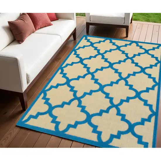 Blue and Beige Geometric Stain Resistant Indoor Outdoor Area Rug Photo 1