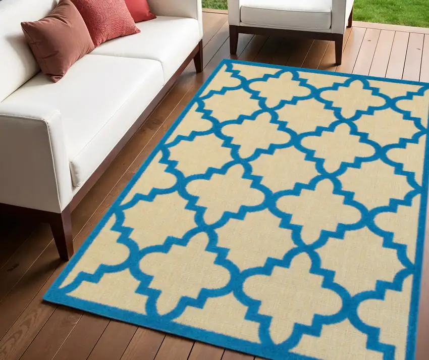 Blue and Beige Geometric Stain Resistant Indoor Outdoor Area Rug Photo 1