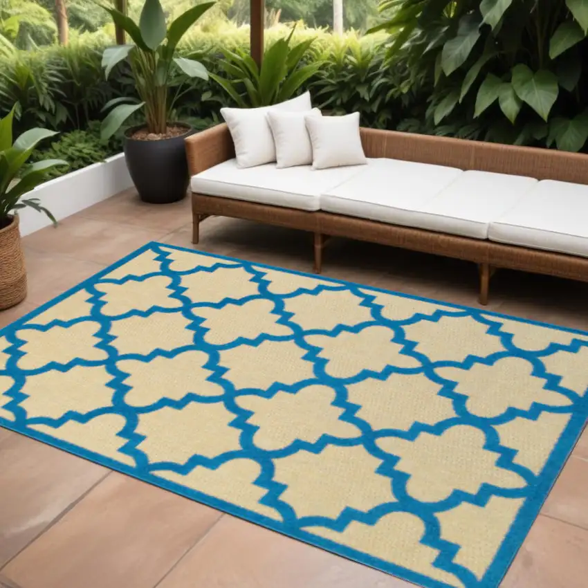 Blue and Beige Geometric Stain Resistant Indoor Outdoor Area Rug Photo 1