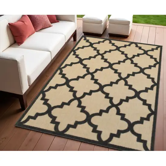 Beige and Black Geometric Stain Resistant Indoor Outdoor Area Rug Photo 1