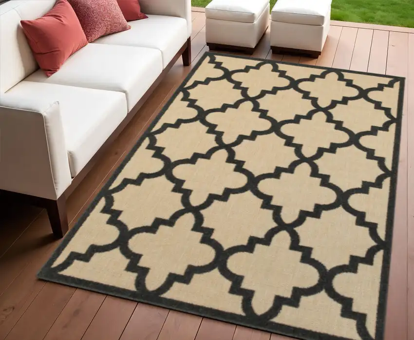 Beige and Black Geometric Stain Resistant Indoor Outdoor Area Rug Photo 1