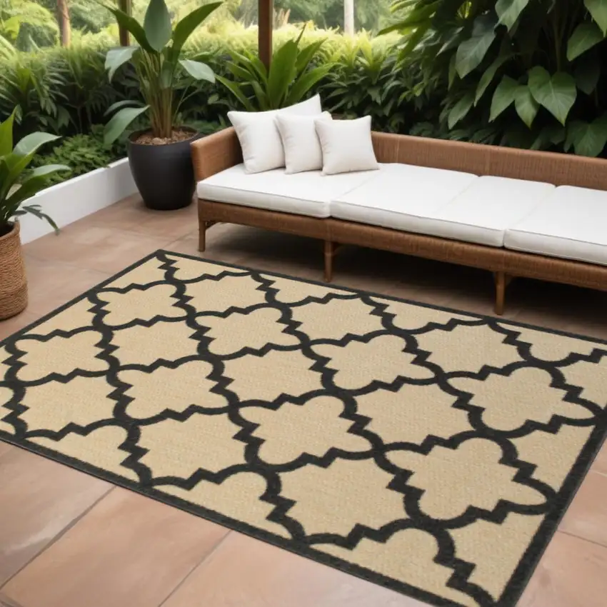 Beige and Black Geometric Stain Resistant Indoor Outdoor Area Rug Photo 1