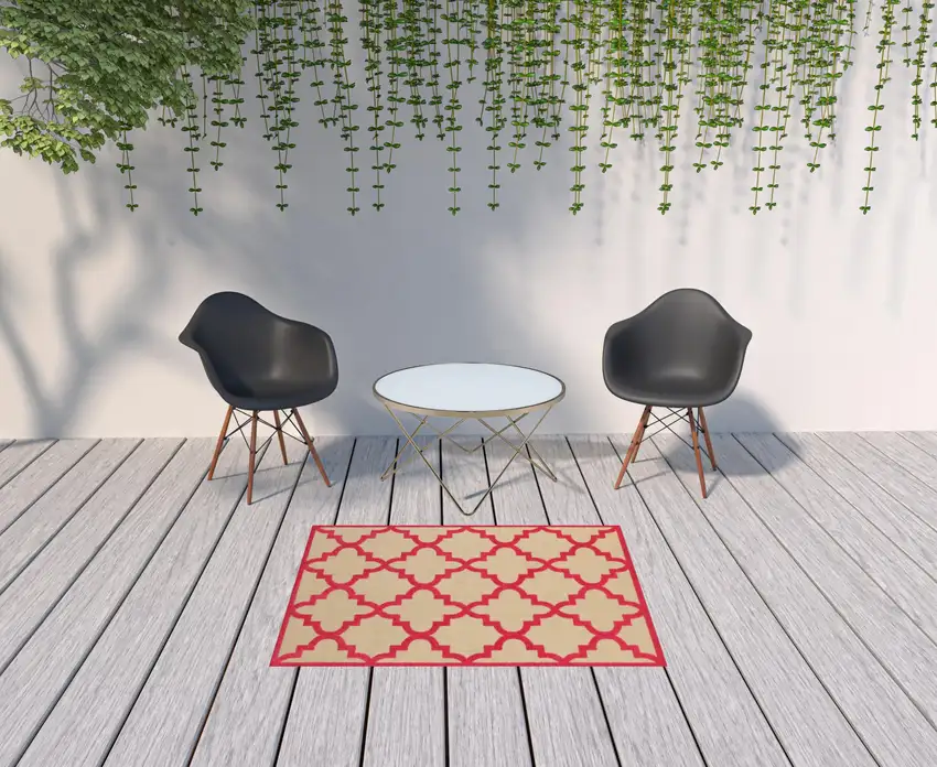 4' X 6' Sand Geometric Stain Resistant Indoor Outdoor Area Rug Photo 2