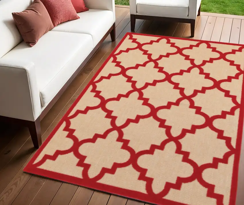 Red Geometric Stain Resistant Indoor Outdoor Area Rug Photo 1