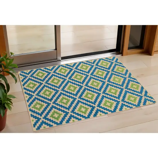 Blue and Beige Geometric Stain Resistant Indoor Outdoor Area Rug Photo 1