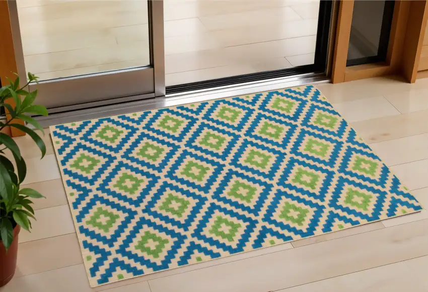 Blue and Beige Geometric Stain Resistant Indoor Outdoor Area Rug Photo 1