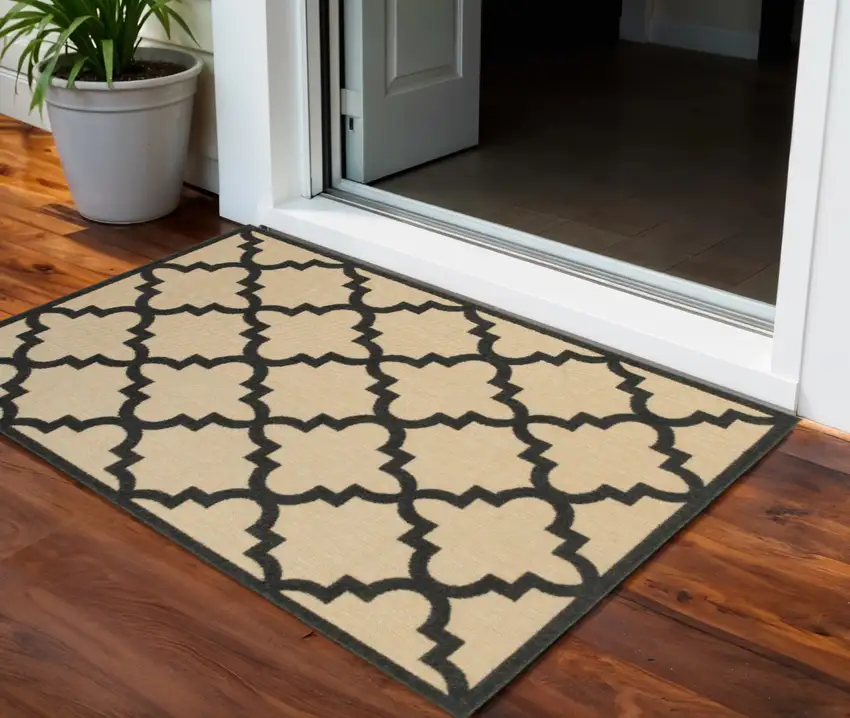 Beige and Black Geometric Stain Resistant Indoor Outdoor Area Rug Photo 1