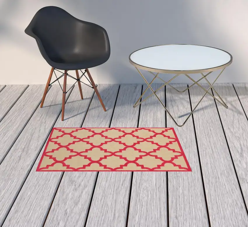 2' X 4' Sand Geometric Stain Resistant Indoor Outdoor Area Rug Photo 2