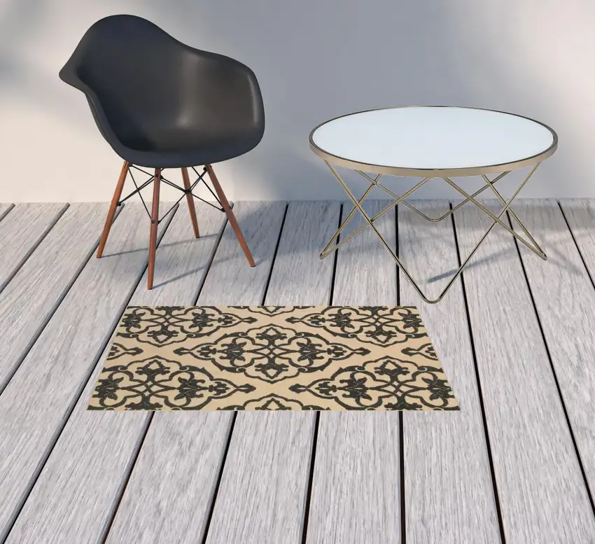 2' X 4' Sand Oriental Stain Resistant Indoor Outdoor Area Rug Photo 2