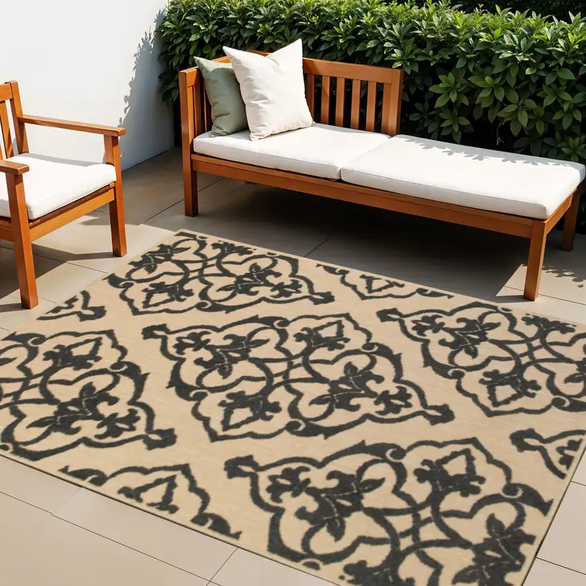 Beige and Black Oriental Stain Resistant Indoor Outdoor Area Rug Photo 1