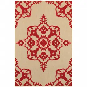 Photo of 2' X 4' Sand Oriental Stain Resistant Indoor Outdoor Area Rug