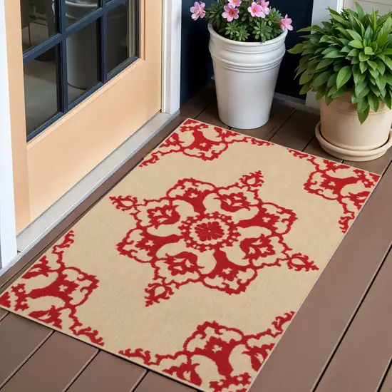 Red Oriental Stain Resistant Indoor Outdoor Area Rug Photo 1