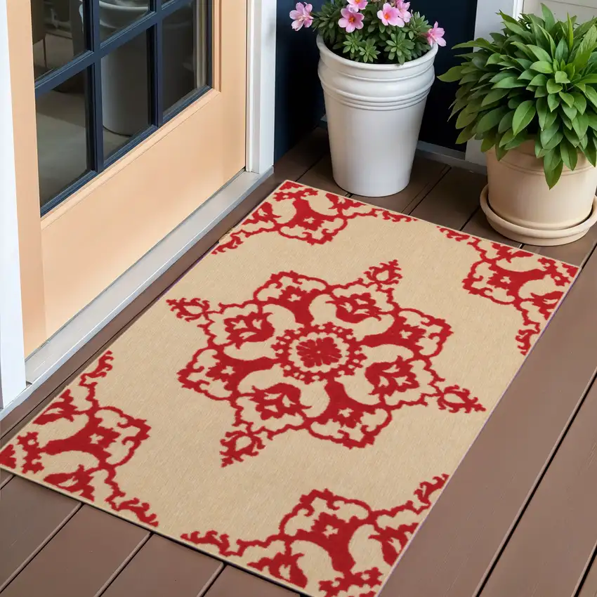 Red Oriental Stain Resistant Indoor Outdoor Area Rug Photo 1