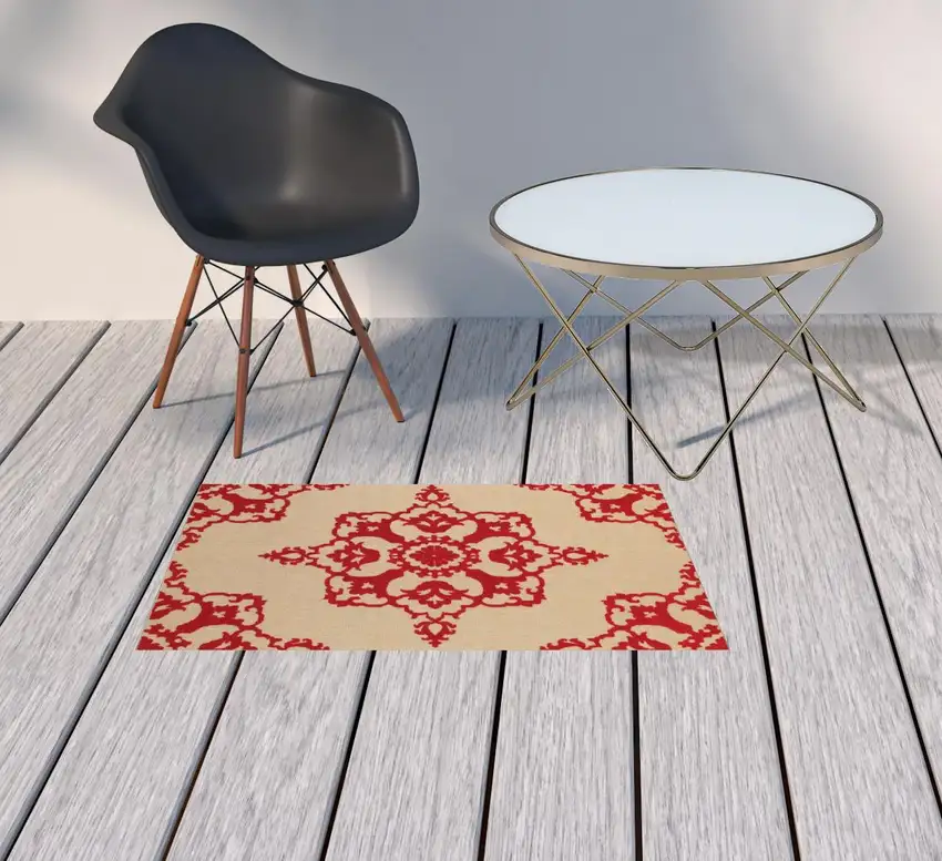 2' X 4' Sand Oriental Stain Resistant Indoor Outdoor Area Rug Photo 2