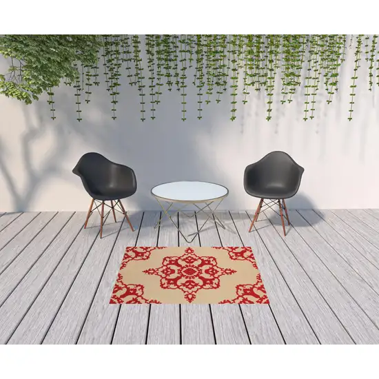 4' X 6' Sand Oriental Stain Resistant Indoor Outdoor Area Rug Photo 2