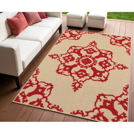 Red Oriental Stain Resistant Indoor Outdoor Area Rug Photo 1