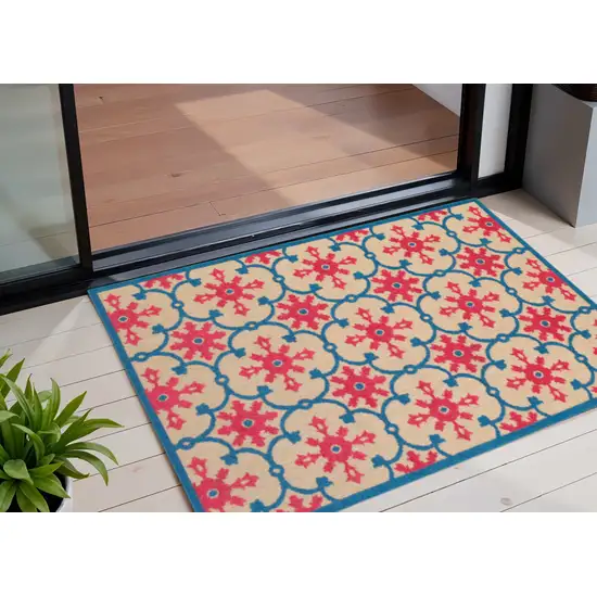 Blue and Beige Oriental Stain Resistant Indoor Outdoor Area Rug Photo 1