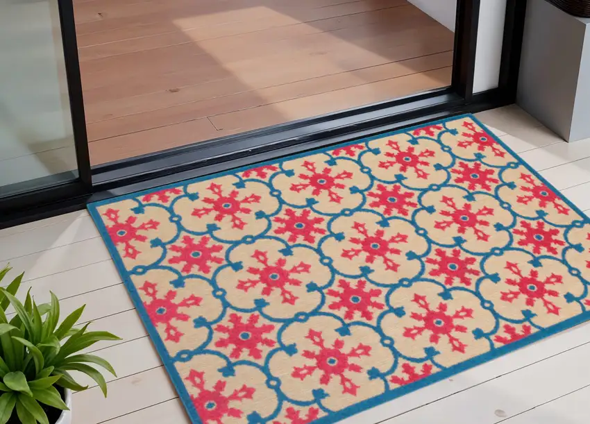 Blue and Beige Oriental Stain Resistant Indoor Outdoor Area Rug Photo 1