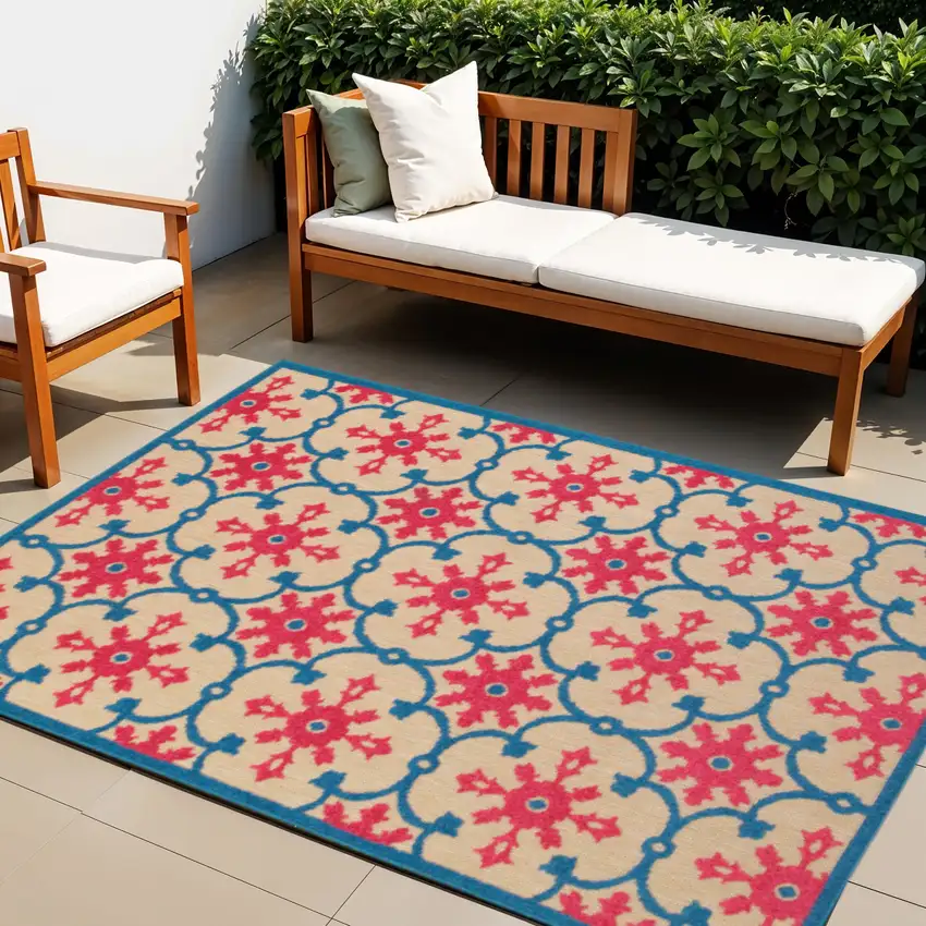 Blue and Beige Oriental Stain Resistant Indoor Outdoor Area Rug Photo 1