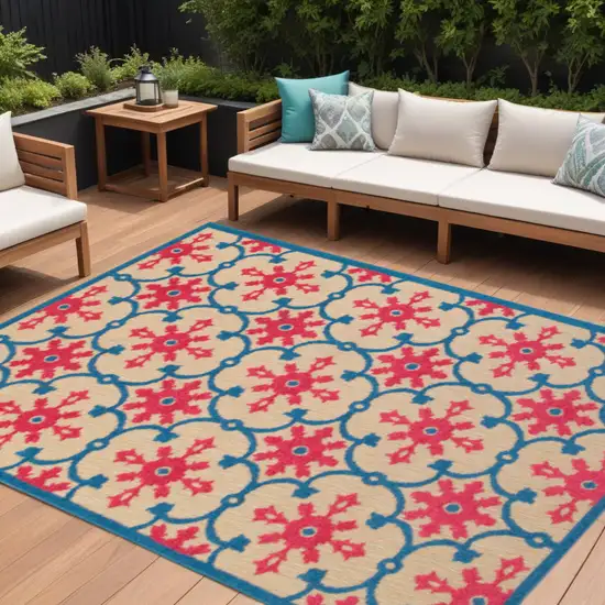 Blue and Beige Oriental Stain Resistant Indoor Outdoor Area Rug Photo 1