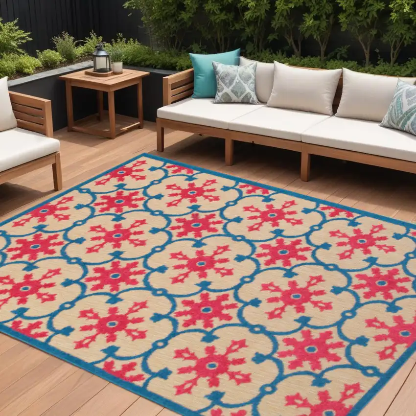 Blue and Beige Oriental Stain Resistant Indoor Outdoor Area Rug Photo 1