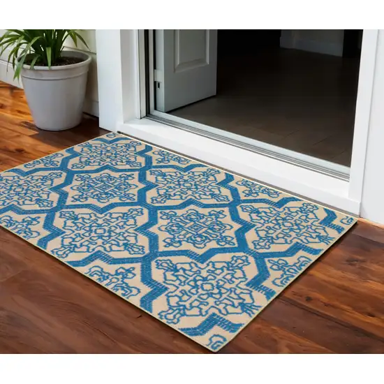 Blue and Beige Oriental Stain Resistant Indoor Outdoor Area Rug Photo 1