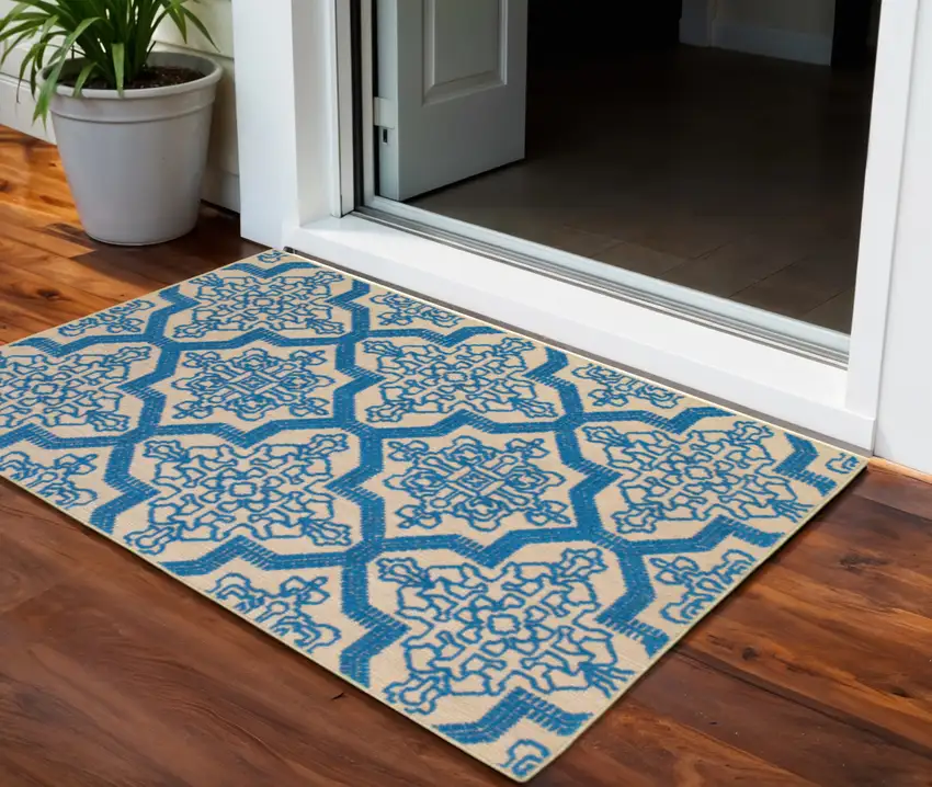 Blue and Beige Oriental Stain Resistant Indoor Outdoor Area Rug Photo 1