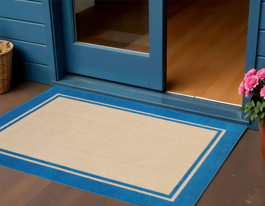 Blue and Beige Stain Resistant Indoor Outdoor Area Rug Photo 1