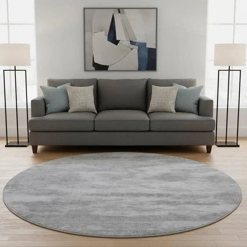 8' X 8' Silver And Gray Abstract Washable Round Rug With UV Protection Photo 2