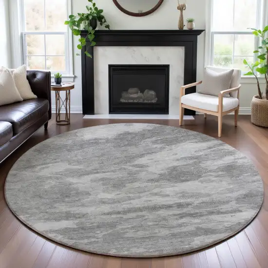 8' X 8' Silver And Gray Abstract Washable Round Rug With UV Protection Photo 4
