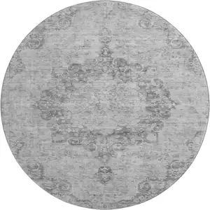 Photo of 8' X 8' Silver And Gray Oriental Washable Round Rug With UV Protection