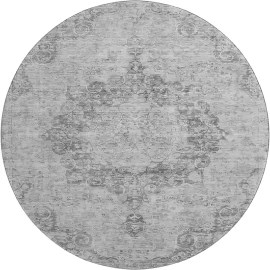 8' X 8' Silver And Gray Oriental Washable Round Rug With UV Protection Photo 1