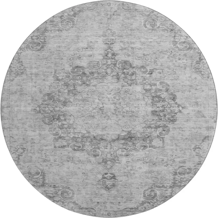 8' X 8' Silver And Gray Oriental Washable Round Rug With UV Protection Photo 1