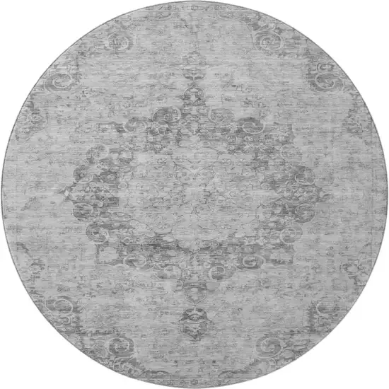 8' X 8' Silver And Gray Oriental Washable Round Rug With UV Protection Photo 3