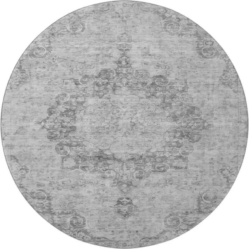 8' X 8' Silver And Gray Oriental Washable Round Rug With UV Protection Photo 3